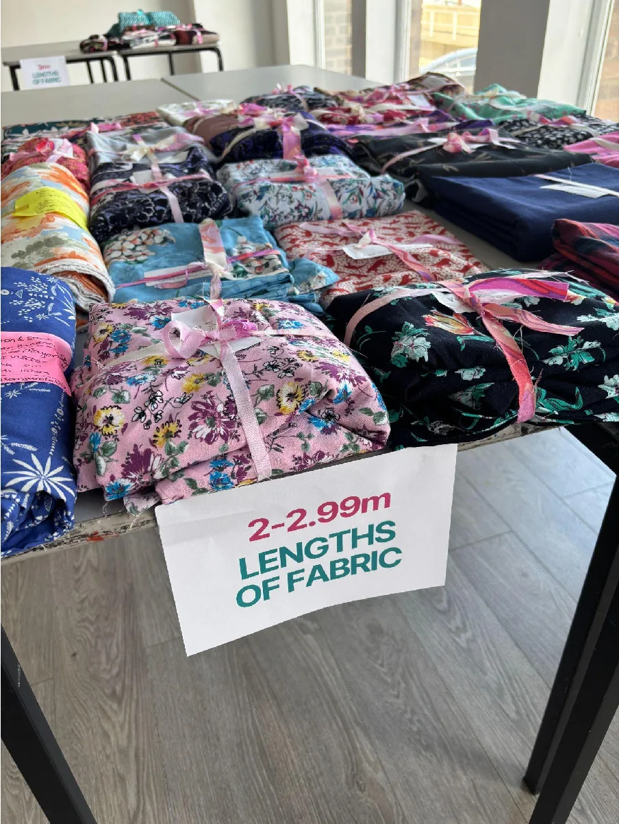 Bundles of fabric organised by length on a table at the sewing swap hosted with Bornella Fabrics in September 2025